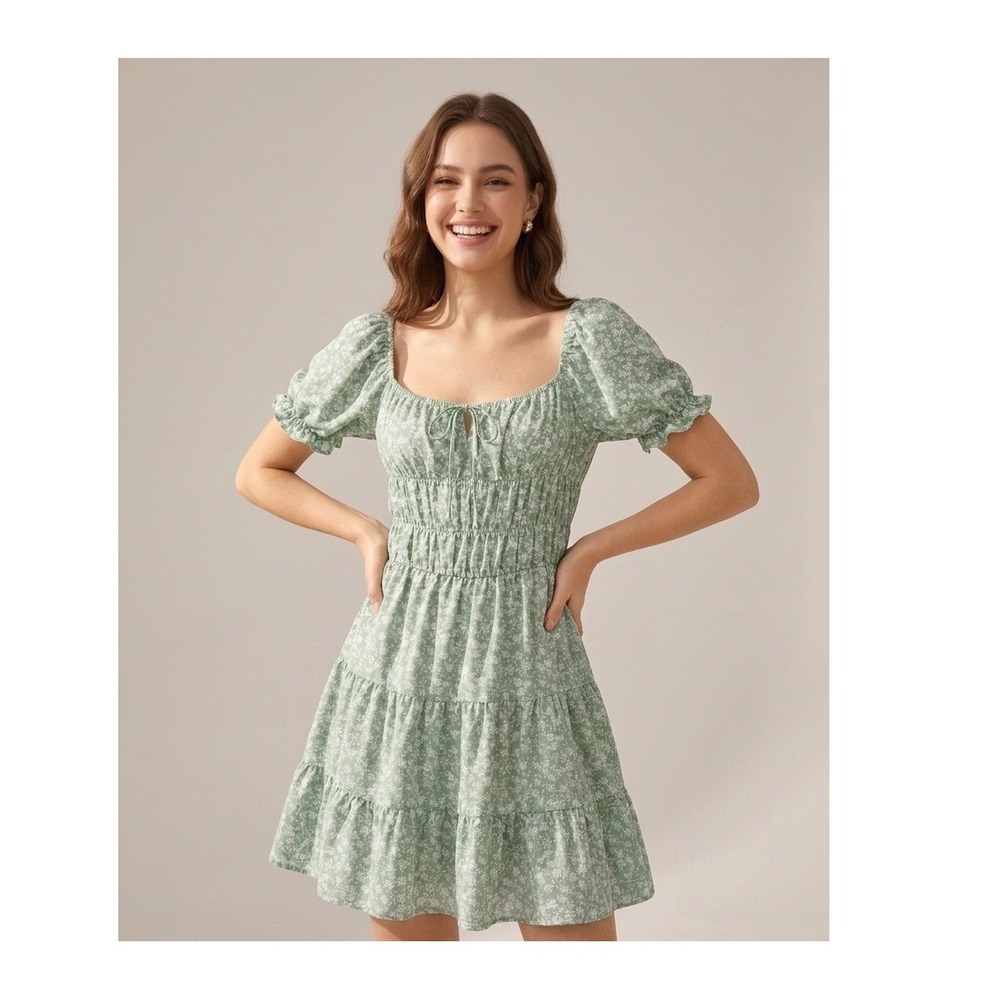 NWT Liberty Love Floral Mini Dress M Green Smocked Puff Sleeve Boho Peasant